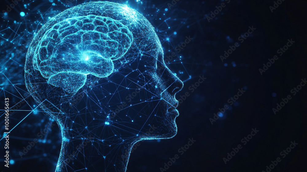 Leinwandbilder Wireframe of human head forming with glowing brain inside symbolizing artificial intelligence and machine learning process