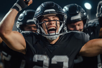 Football player celebrating a sack with teammates