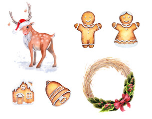 A set of pictures dedicated to winter holidays. Drawn with watercolors