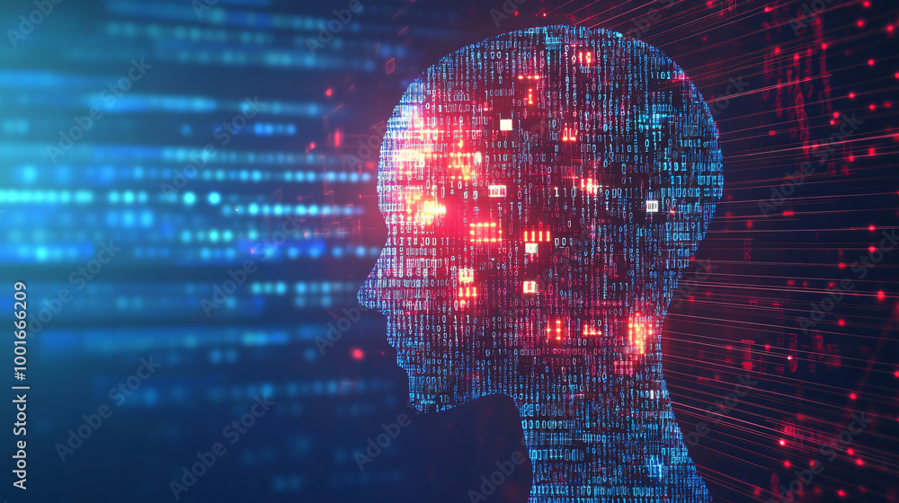 Poster futuristic human head silhouette is forming from data processing, symbolizing artificial intelligenc