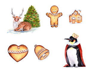 A set of pictures dedicated to winter holidays. Drawn with watercolors