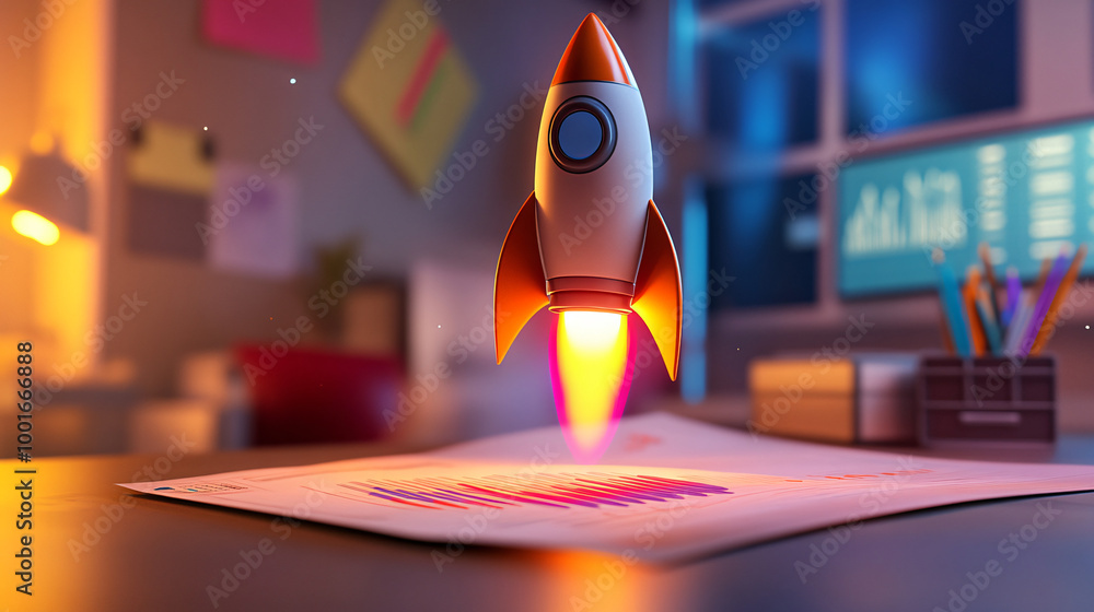 Aufkleber toy rocket launching from a business report: a symbol of business growth and start-up success in 3d 