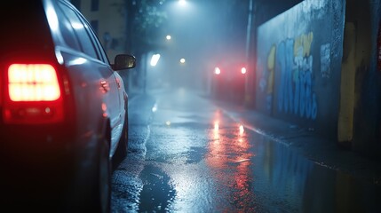 Moody night street scene with minimalistic dark blue aesthetic for urban sectors