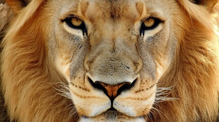 A close-up of the muzzle of an adult lion with a golden mane and yellow eyes. The predator stares straight into the camera. Natural background. Illustration for cover, card, interior design, etc.