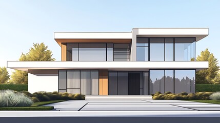 Modern house exterior with large windows, white walls and wooden accents.  Contemporary home design with driveway and green grass.