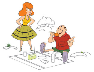 Man and woman is relaxing in park. Funny people.