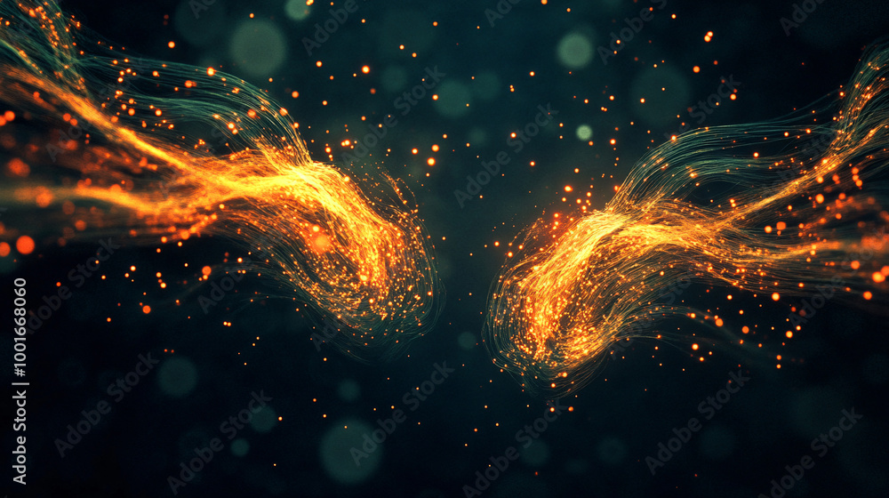 Poster digital abstract background with two golden energy streams flowing in opposite directions