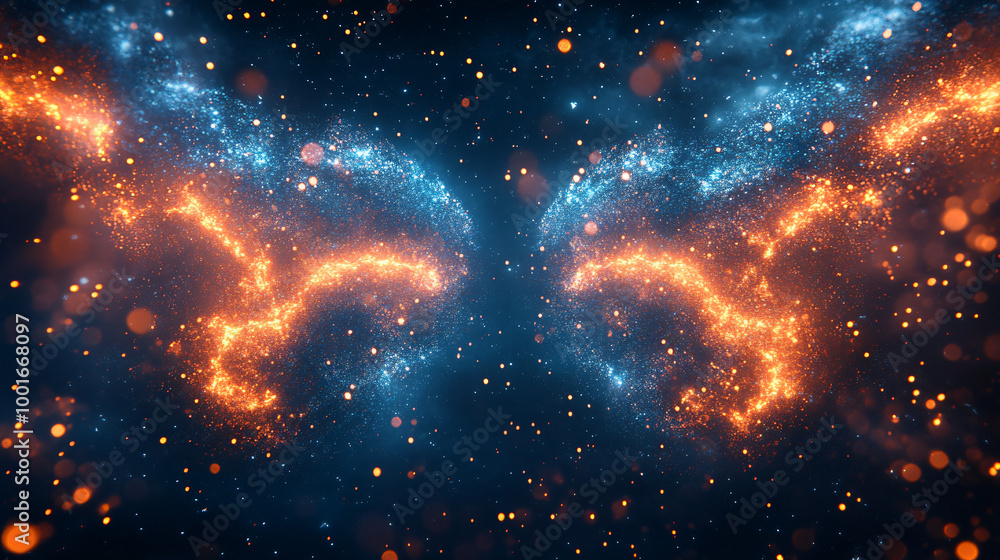 Poster abstract orange and blue particles flowing on dark background forming wings shape