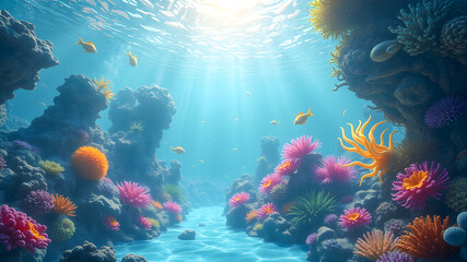 Fototapeta premium Underwater scene with corals and tropical fish. 