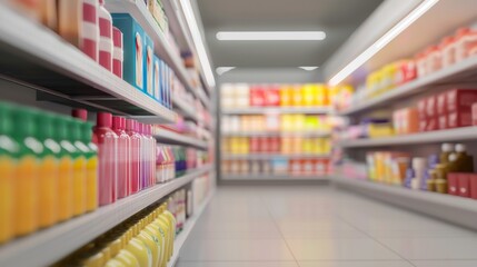 Blurred supermarket shelves with colorful products in focus