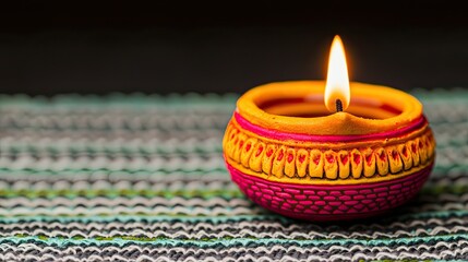 A colorful diya candle glowing gently, placed on a patterned surface, symbolizing light and celebration.