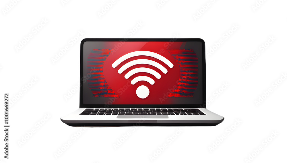 Poster wifi red icon on laptop that's protected on a white background in the style of vray tracing,-