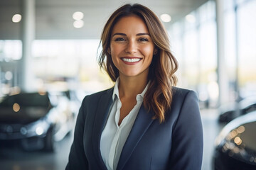 A smiling woman in business attire stands in a car dealership, ideal for promotional materials or corporate events in the automotive industry.