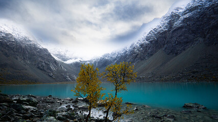 blue shining mirror lake between the mountains in scandinavia
