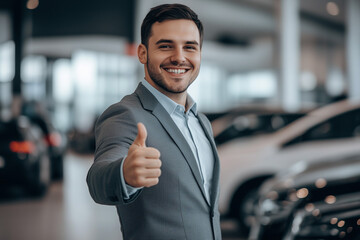 Indoor Automotive Dealership Smiling Man. A smiling man in a suit gives a thumbs up in an automotive dealership. Suitable for car sales promotions or business-related events.