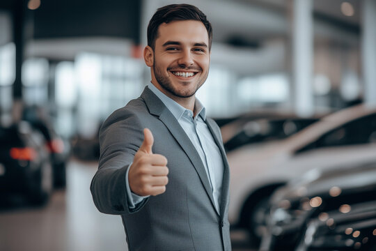 Indoor Automotive Dealership Smiling Man. A smiling man in a suit gives a thumbs up in an automotive dealership. Suitable for car sales promotions or business-related events.