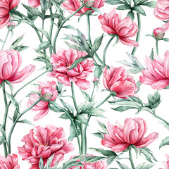 Seamless pattern with watercolor bouquet of pink peony flowers in full bloom. Hand drawn illustration beautiful floral flower. Repeat wallpaper with summer botanical plant on isolated.