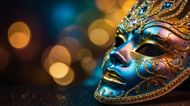 A close-up of a vibrant masquerade mask adorned with jewels, set against a background of colorful bokeh lights, evoking mystery and celebration.
