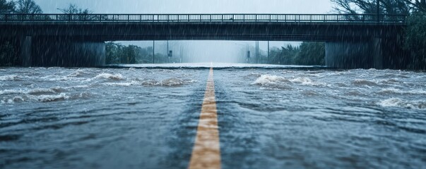 Flooded road under a bridge during heavy rain, showcasing extreme weather conditions.