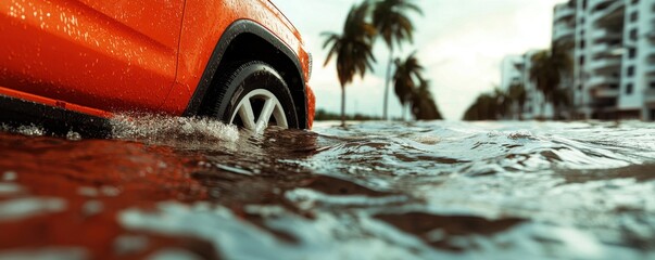 Orange vehicle tire partly submerged in floodwater, palm trees and urban buildings in view.
