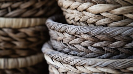 Close-up of Handwoven Wicker Baskets in a Stack