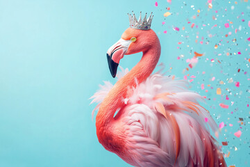 Creative animal concept. Flamingo bird in glam fashionable couture high end outfits isolated on bright background advertisement, copy space. Birthday party invite invitation banner 