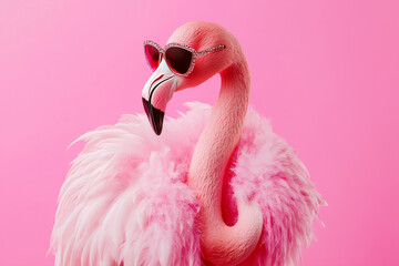 Fototapeta premium Creative animal concept. Flamingo bird in glam fashionable couture high end outfits isolated on bright background advertisement, copy space. Birthday party invite invitation banner 