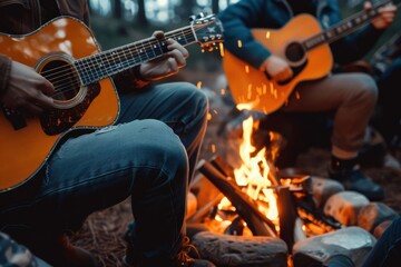Obraz premium A group of people are sitting around a fire, playing guitars generative ai