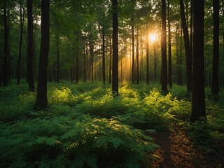 Obraz premium Lush, green forest with tall trees and sunlight streaming through branches, creating warm and serene atmosphere. Forest floor covered in ferns and other vegetation, giving scene peaceful and tranquil