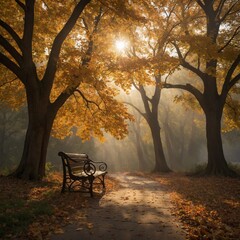 Wooden bench in foggy autumn forest with tall trees and golden leaves, sunlight filtering through branches