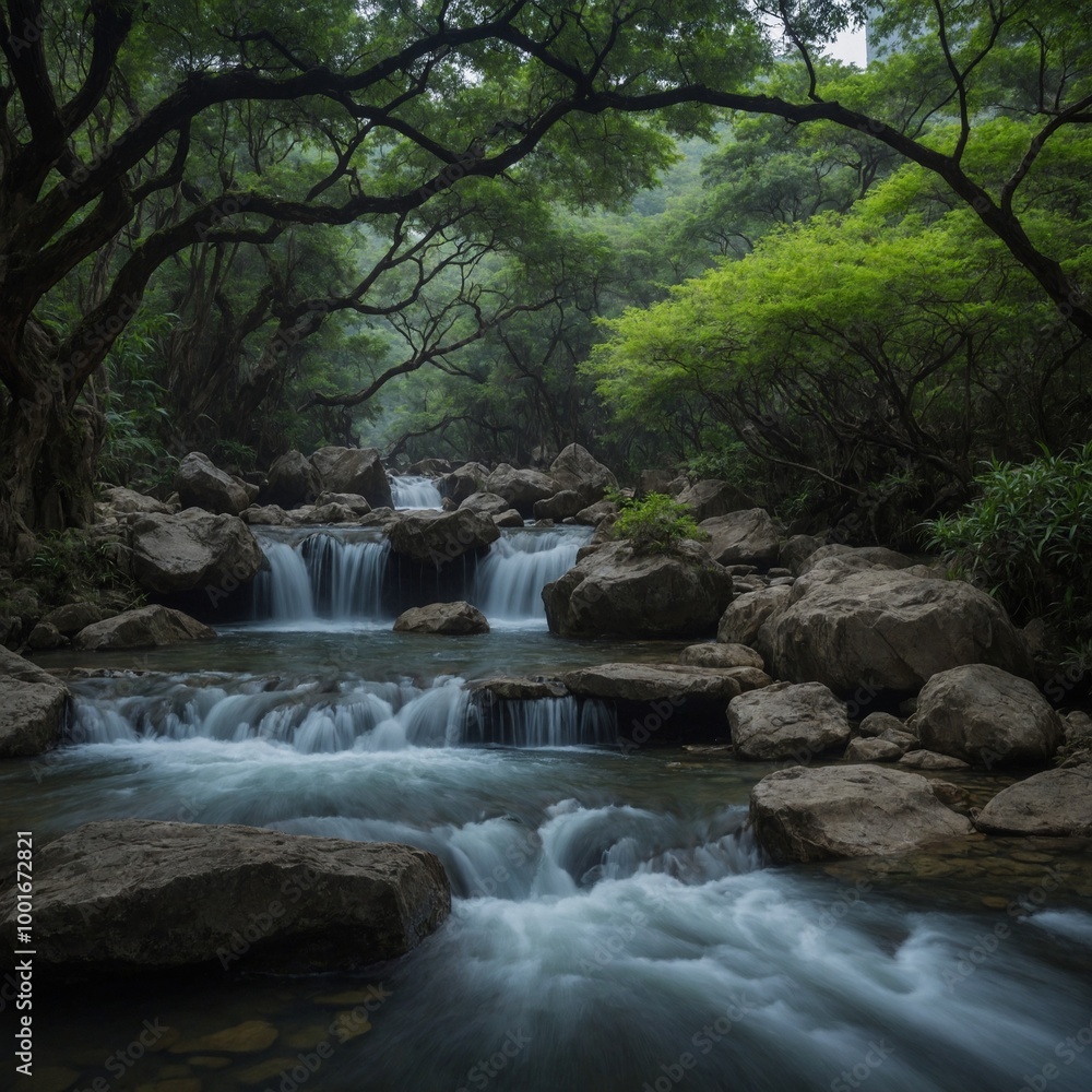 Aufkleber lush, green forest with flowing stream and small waterfalls cascading over rocks in foreground. scen