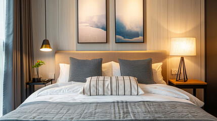 Stylish bedroom showcases well-made bed and elegant nightstands