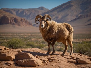 Naklejka premium Large male bighorn sheep with large curved horns standing on rocky outcrop in desert landscape with mountains in background