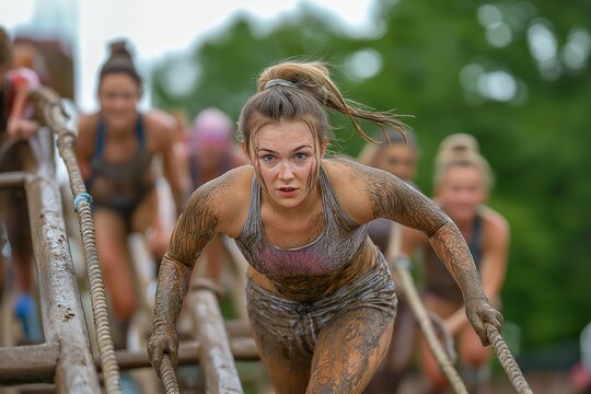 A young Caucasian woman with a ponytail climbs a muddy obstacle during an outdoor adventure race in the woods on a sunny day