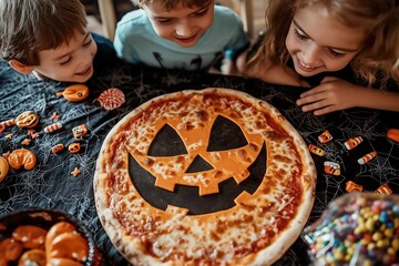 Enjoying a fun Halloween pizza with smiling faces and festive treats at a spooky themed gathering