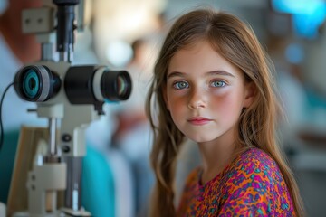 A young girl undergoes an eye examination using a slit lamp at an ophthalmology clinic on a sunny afternoon