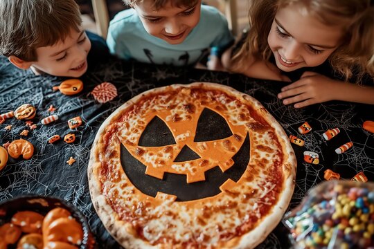 Enjoying a fun Halloween pizza with smiling faces and festive treats at a spooky themed gathering