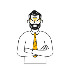 Doodle Confident Businessman With A Beard, Glasses And Crossed Arms Display Assurance And Poise. Vector Illustration