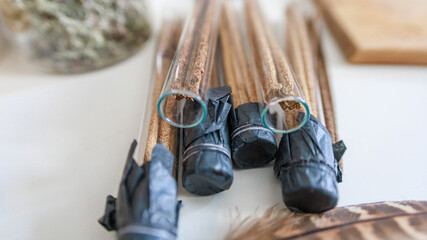 Closeup view of incense sticks.