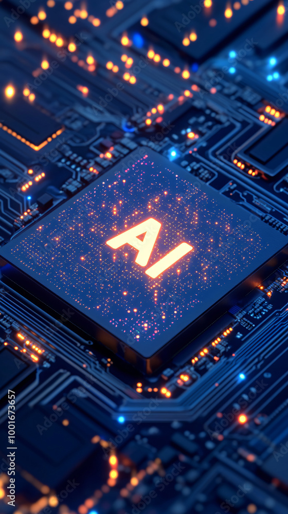 Aufkleber Artificial intelligence cpu is glowing with warm light on motherboard with circuits and electronic components