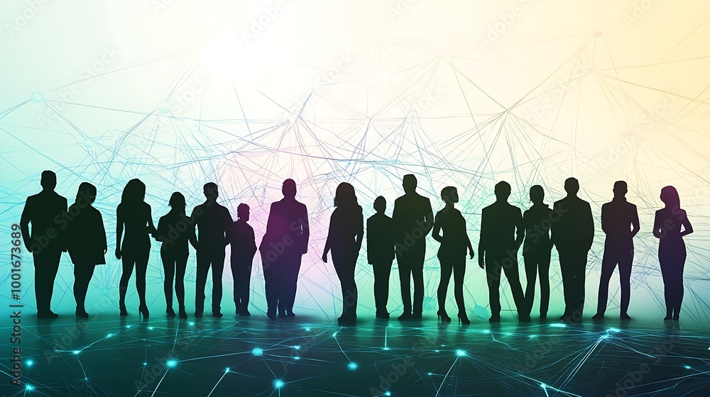Poster Silhouettes of people standing in a line against a colorful background with a network of lines and points.