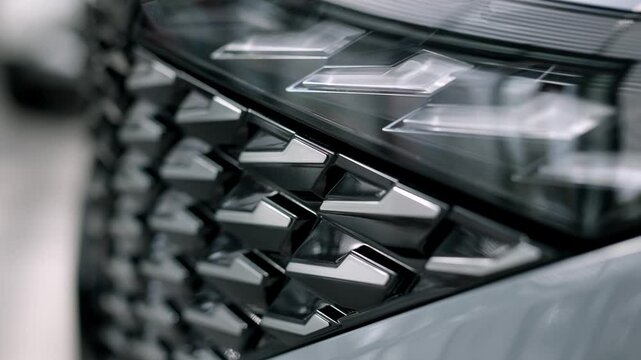 Close-up of advanced car headlight technology in a modern car interior. The sleek design illuminates the road, showcasing innovation and enhancing nighttime visibility.