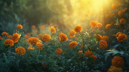 Early Morning Marigold Garden at Sunrise - Cempasuchil Flowers in Gentle Breeze