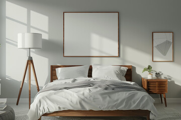 Cozy bedroom with wooden bed and two matching nightstands in sunlight
