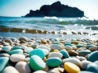 Obraz premium Vibrant, smooth pebbles of various colors lie on a scenic beach by the ocean. The sunny landscape and calm waters create a serene atmosphere.