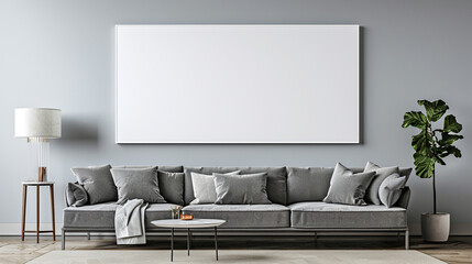 Spacious living room features gray sofa and an empty wall canvas