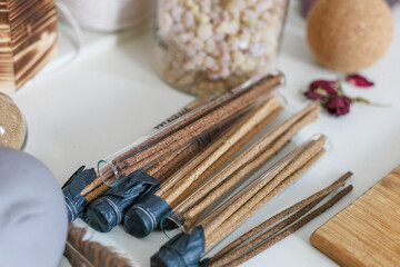Closeup view of incense sticks.