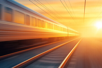 Obraz premium Fast-moving train traveling along the railway tracks during a vibrant sunset in a scenic landscape