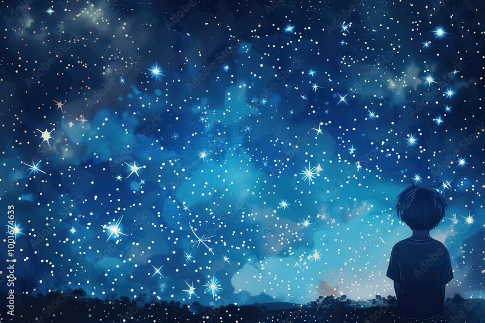 Canvas Prints a boy is looking up at the stars in a blue sky. generative ai image