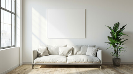 Bright and airy living room with soft sofa and blank canvas waiting for art